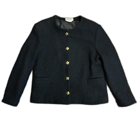 Vintage Bridgewater Black Wool Boucle Gold Buttoned LS Lady Jacket Size 12 - Picture 2 of 15